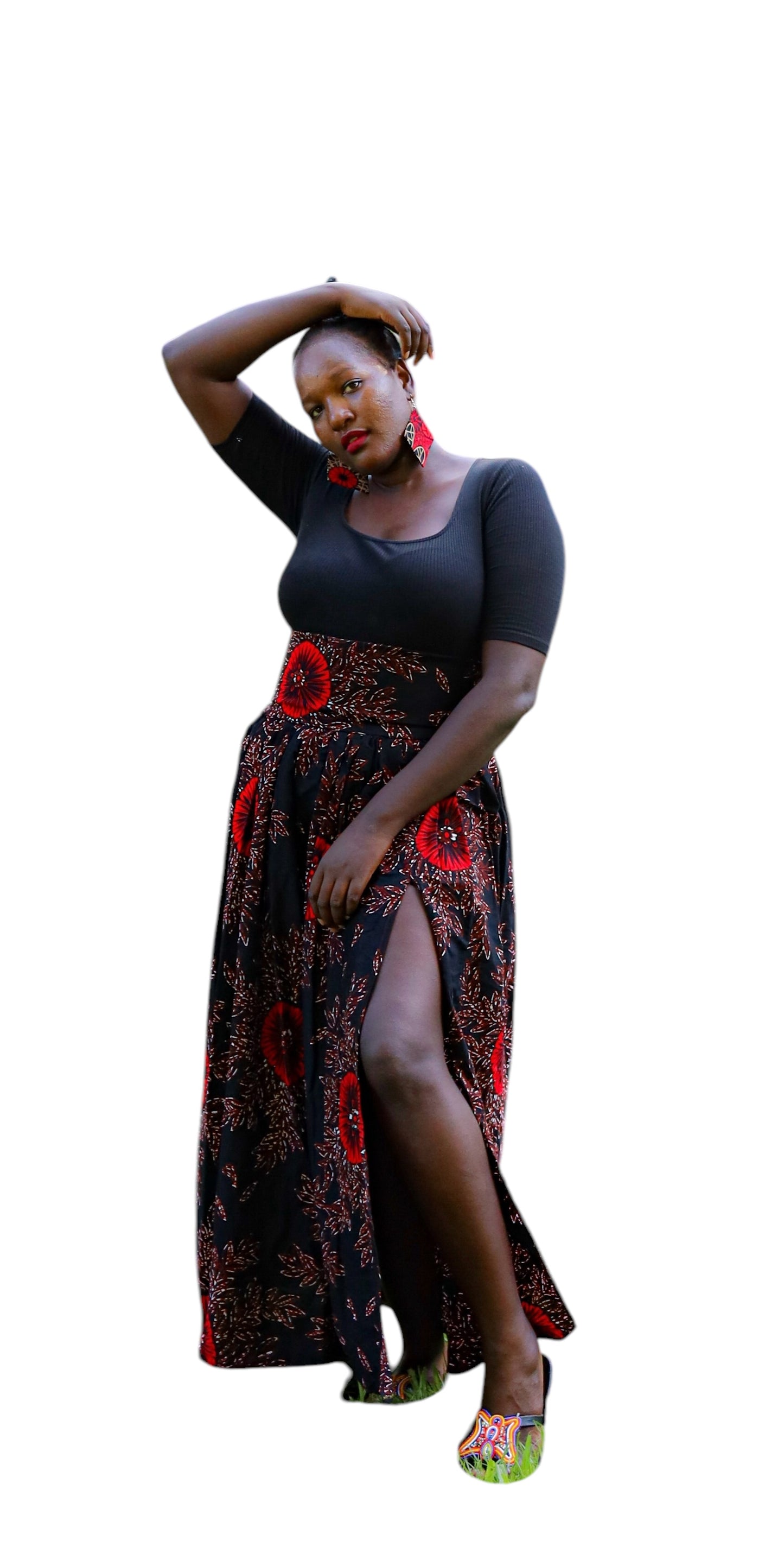 Long Ankara Skirt Blue Scarlet Vine