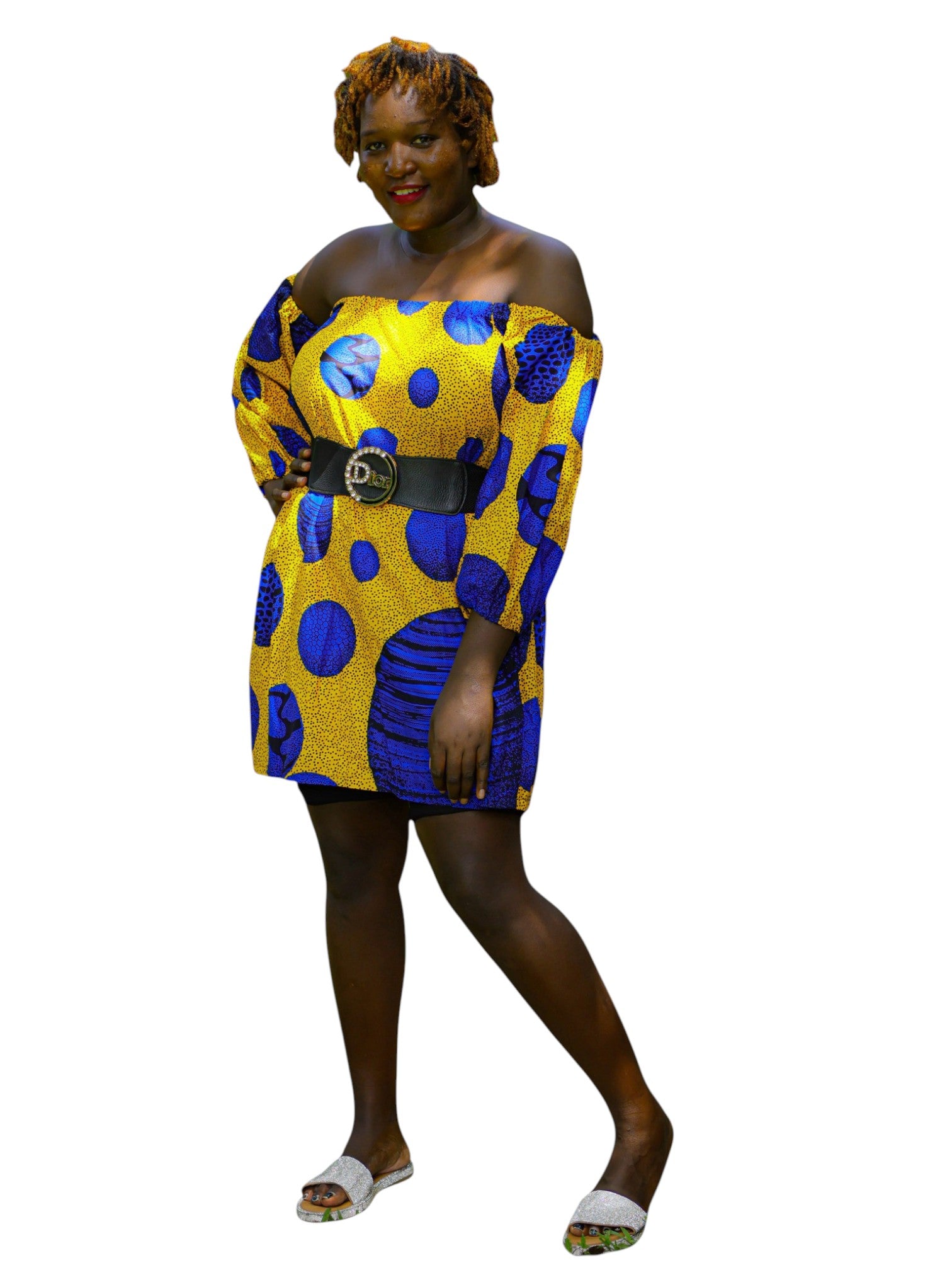 Off-Shoulder Dress - Blue Yellow